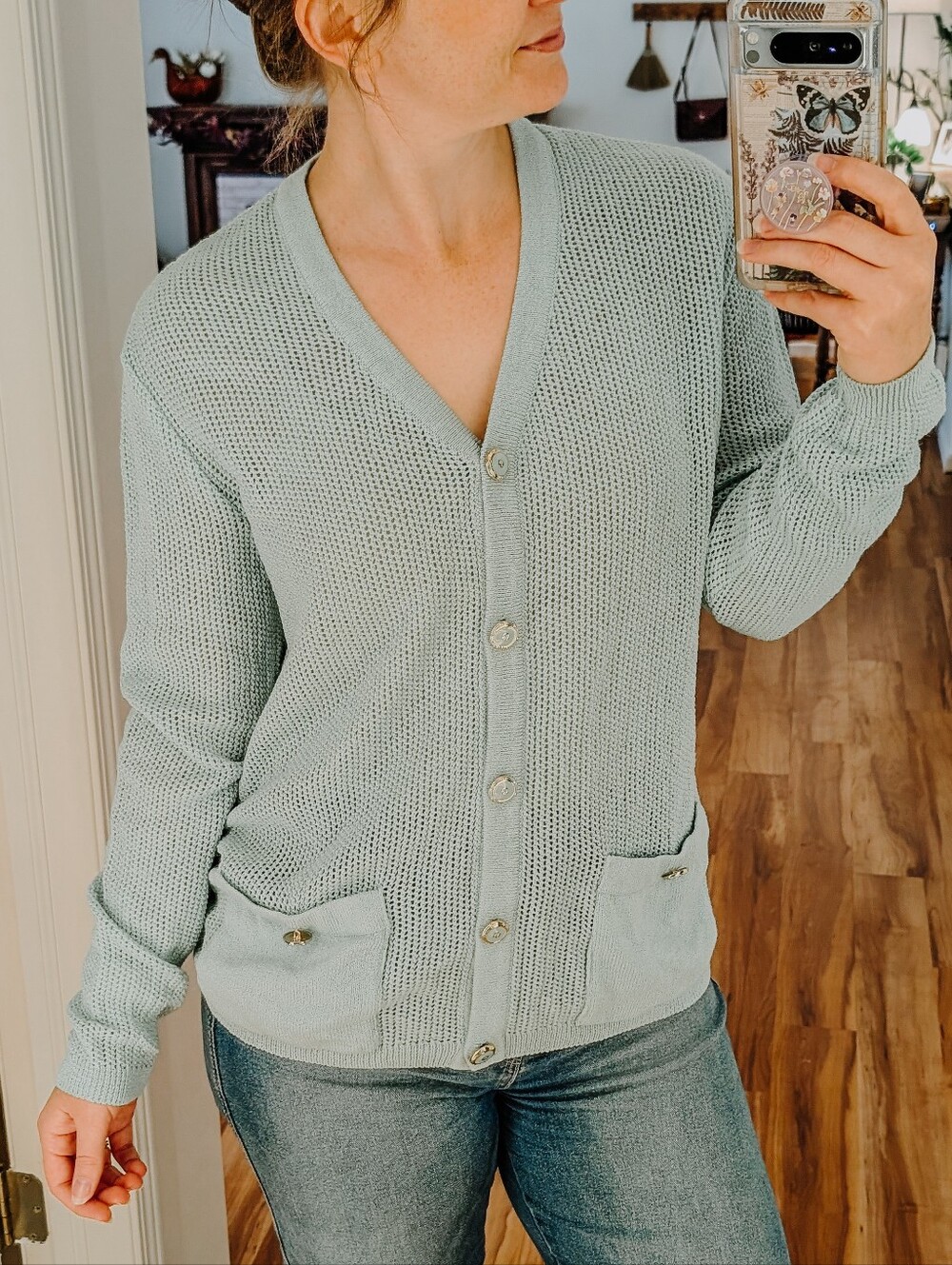 St. John Mint Green Button Up V-neck Cardigan Sweater - Size Small